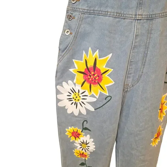 NWOT‎ Misslook Painted Flower boho denim bibs overalls sz L - Picture 5 of 6